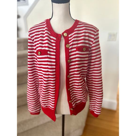 Vintage 90s Red & White Stripe Gold Button Nautical Cardigan - Picture 1 of 8